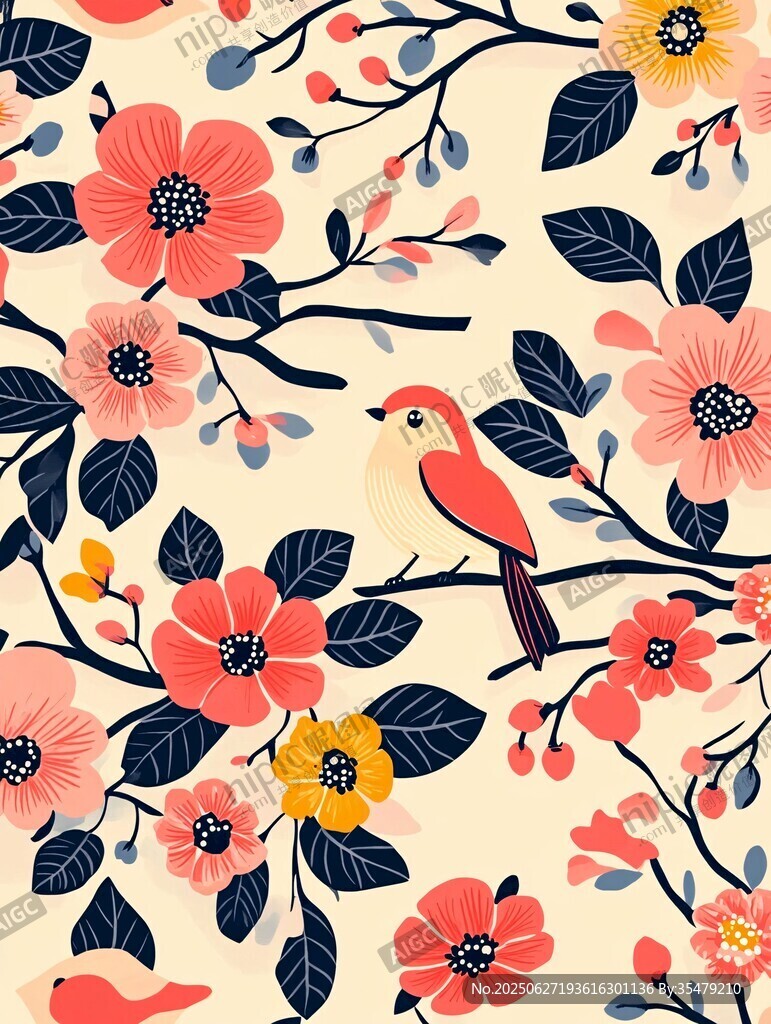 花鸟缤纷的浪漫花卉图案