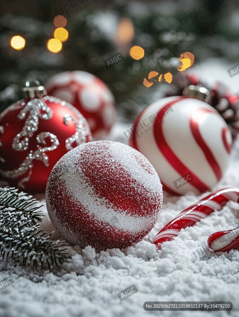 圣诞雪景中的节日装饰球