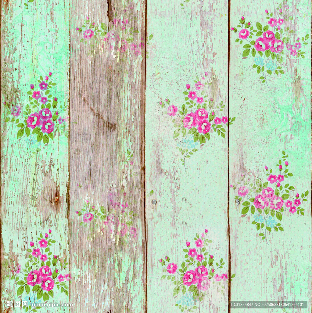 淡绿木板上的粉色花卉图案