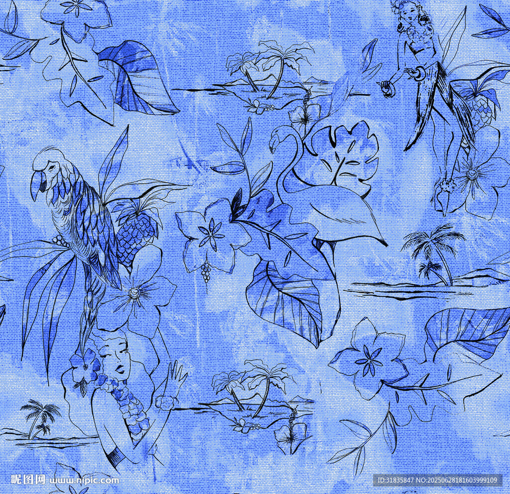 蓝色手绘奇幻人物场景