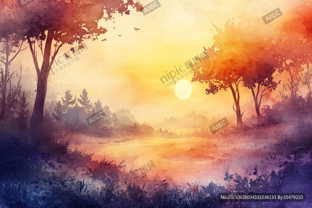 黄昏森林水彩梦幻美景
