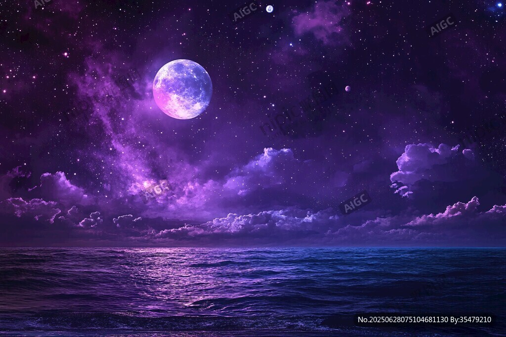 梦幻紫月星空下的海洋