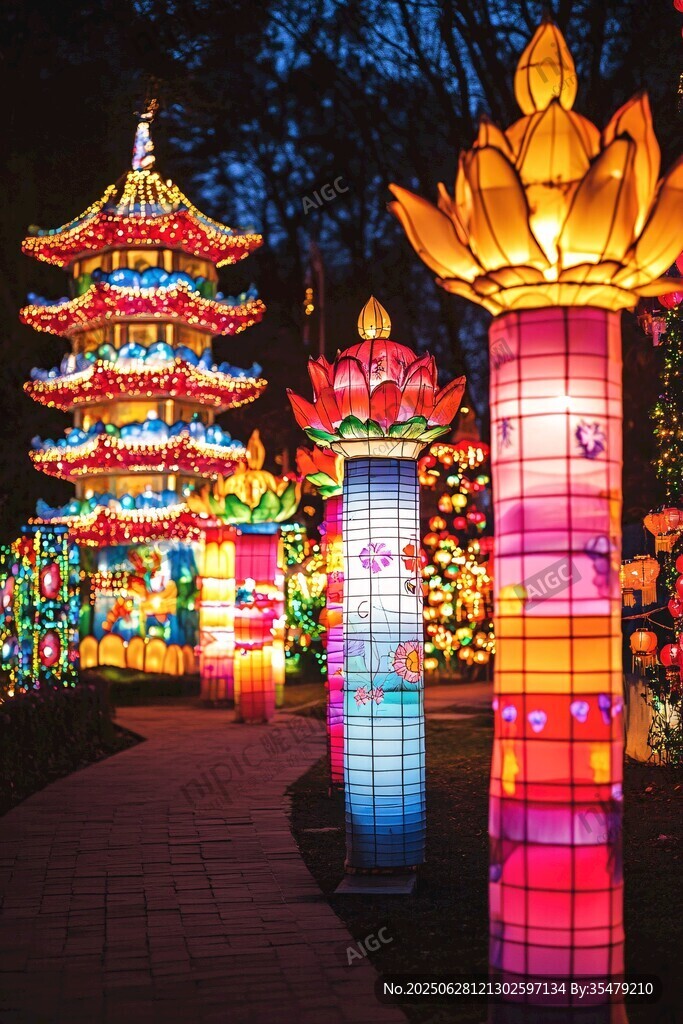 绚丽多彩的中式花灯夜景