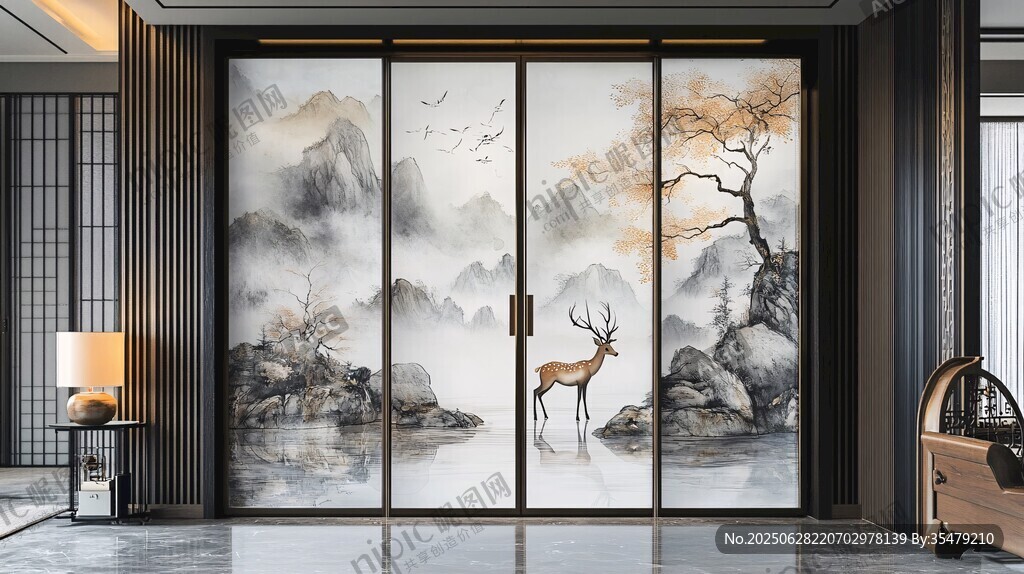 中式山水鹿景移门装饰