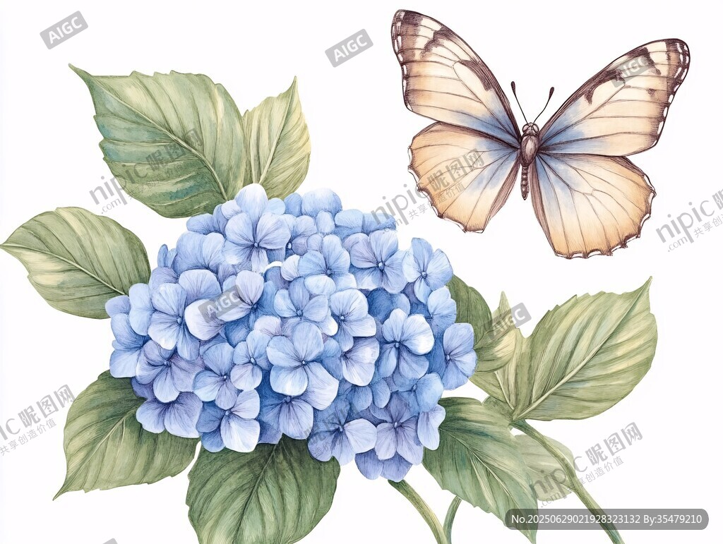 蓝绣球旁的优雅蝴蝶