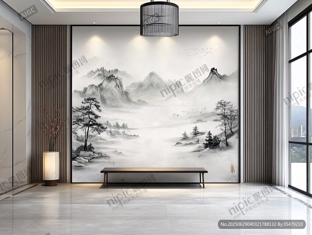 中式山水风客厅背景墙