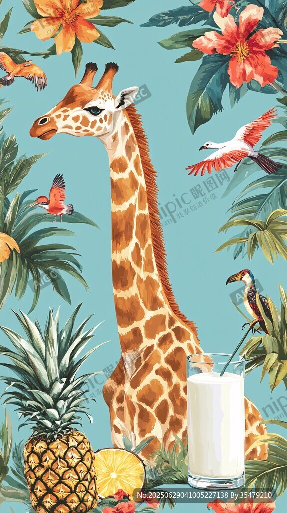 长颈鹿的热带风情插画世界