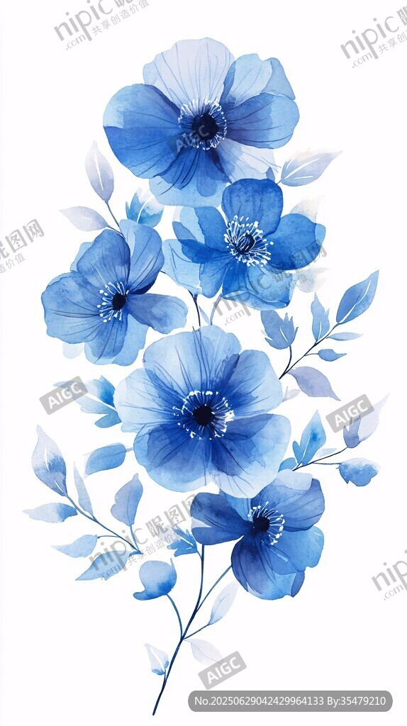 蓝色花卉水彩插画图案