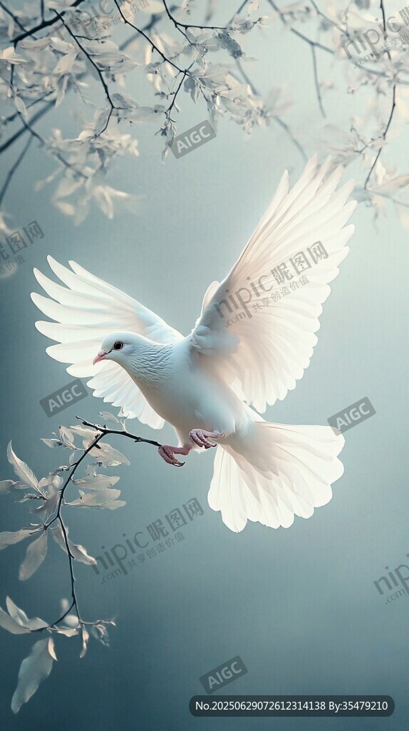 白鸽于花枝间展翅飞翔