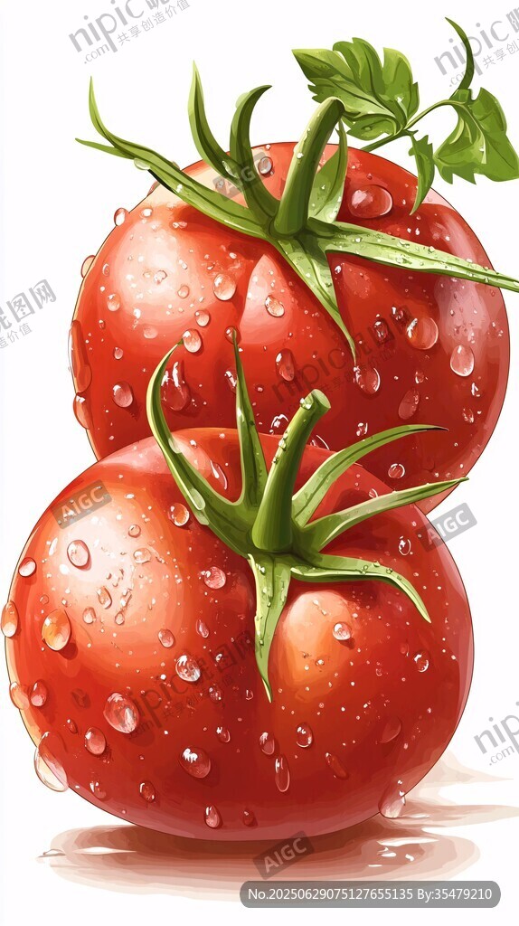 新鲜带水珠的双颗红番茄