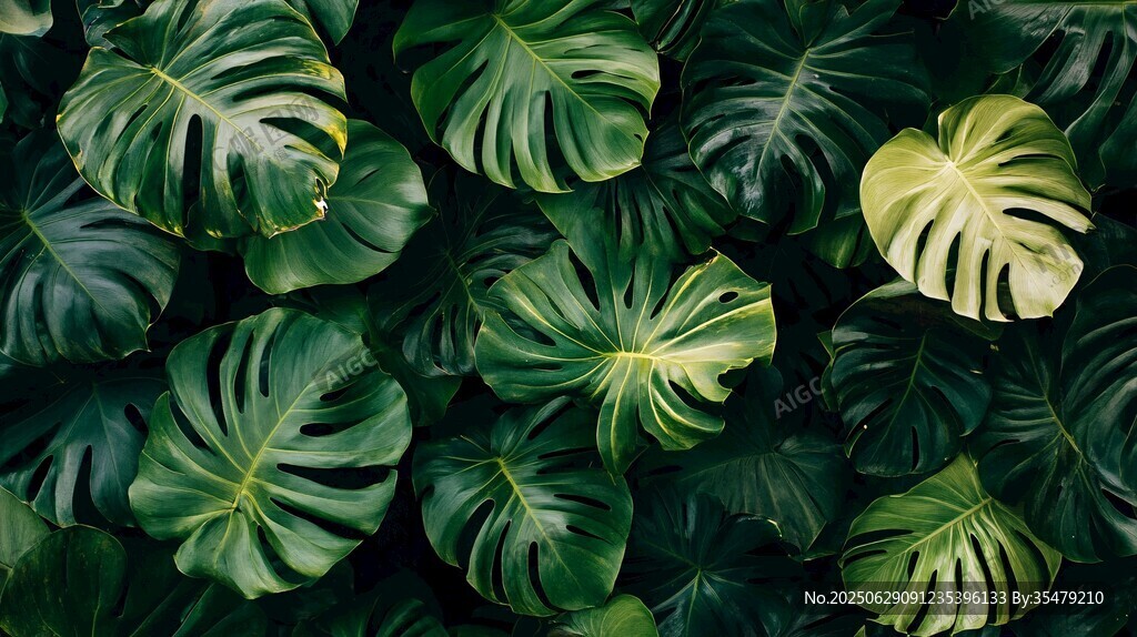 龟背竹叶的清新绿植图景