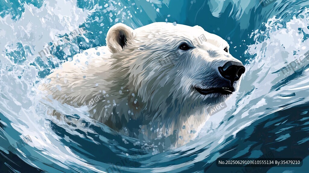 北极熊畅游于蓝色水波间