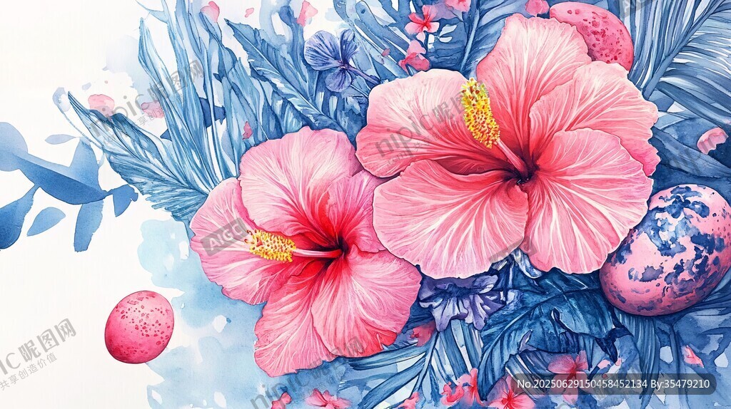 粉色木槿花卉水彩插画