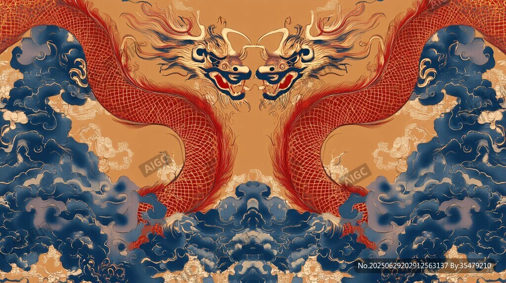 双龙戏云海国风祥瑞图