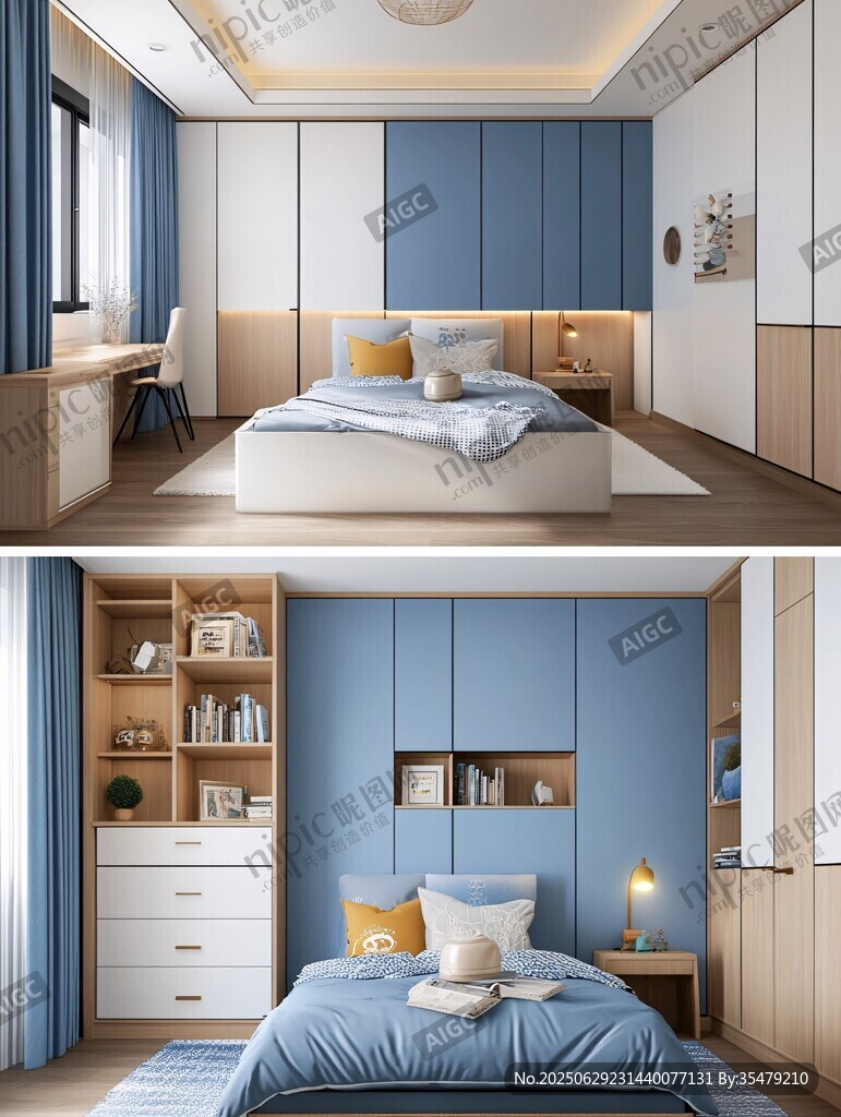 简约蓝调卧室设计效果图