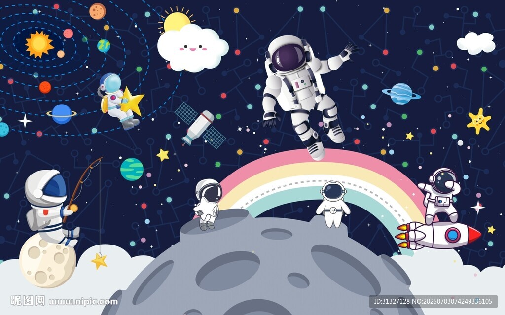 卡通儿童太空宇航员奇幻背景墙