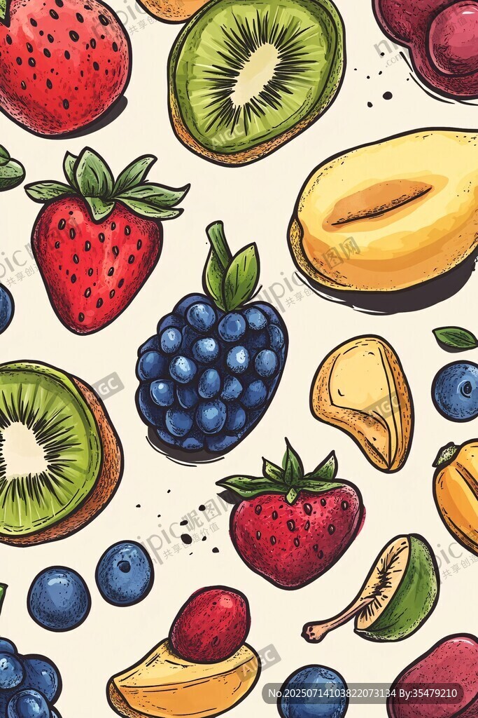 缤纷水果手绘无缝图案