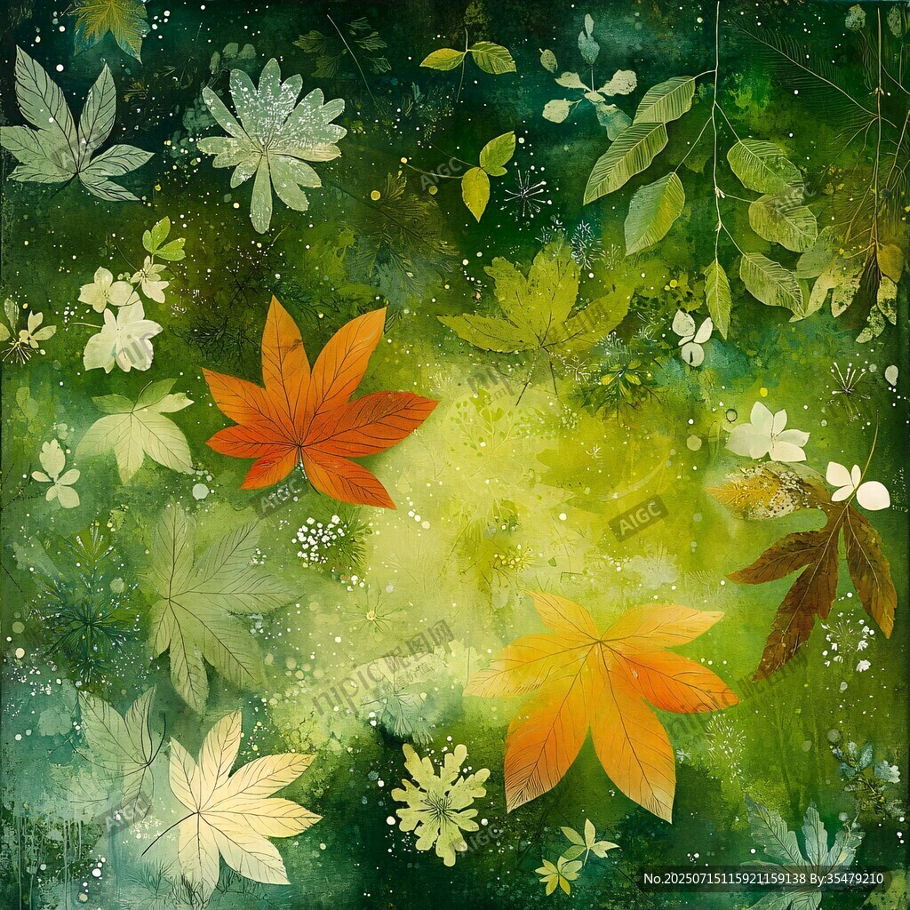 梦幻秋叶花卉水彩插画