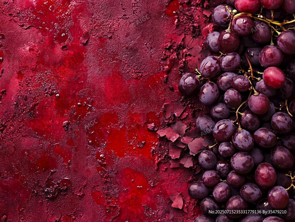 红底上的紫葡萄静物图