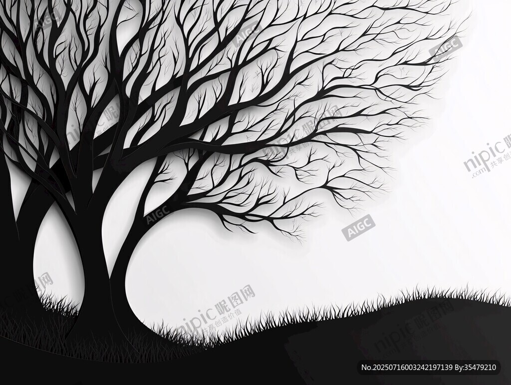 黑白剪影风枯树景观图
