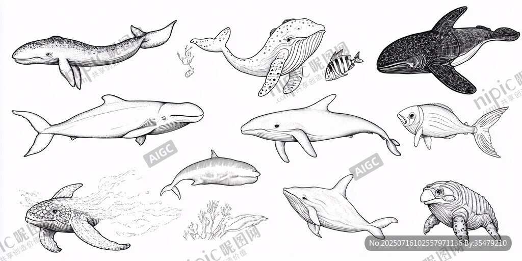 海洋生物手绘插画集合