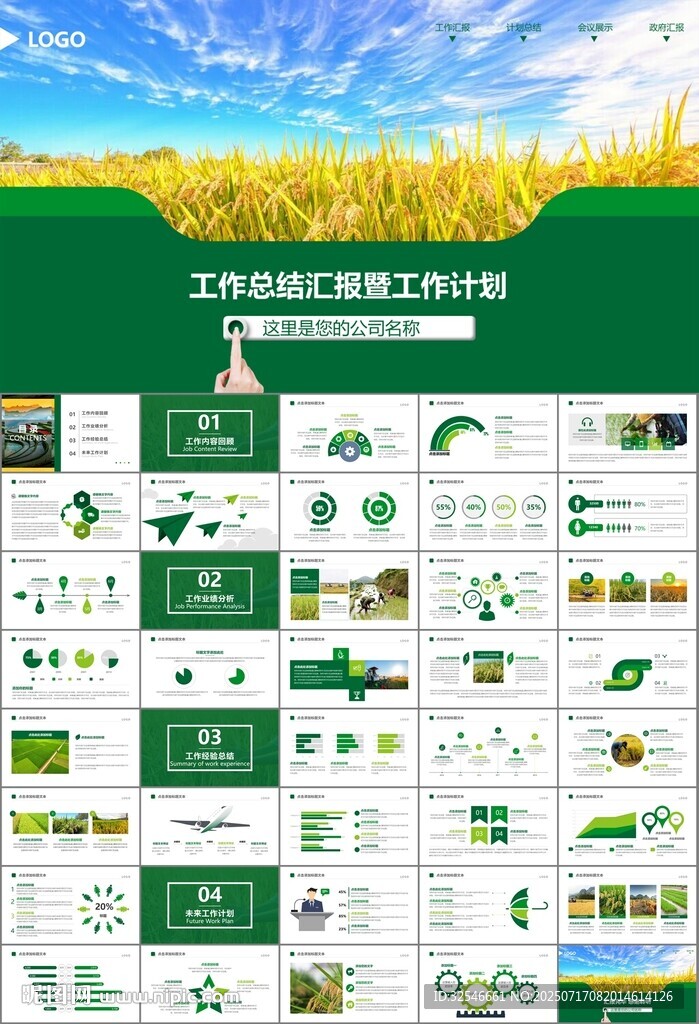 水稻农田农业种植大米PPT模板