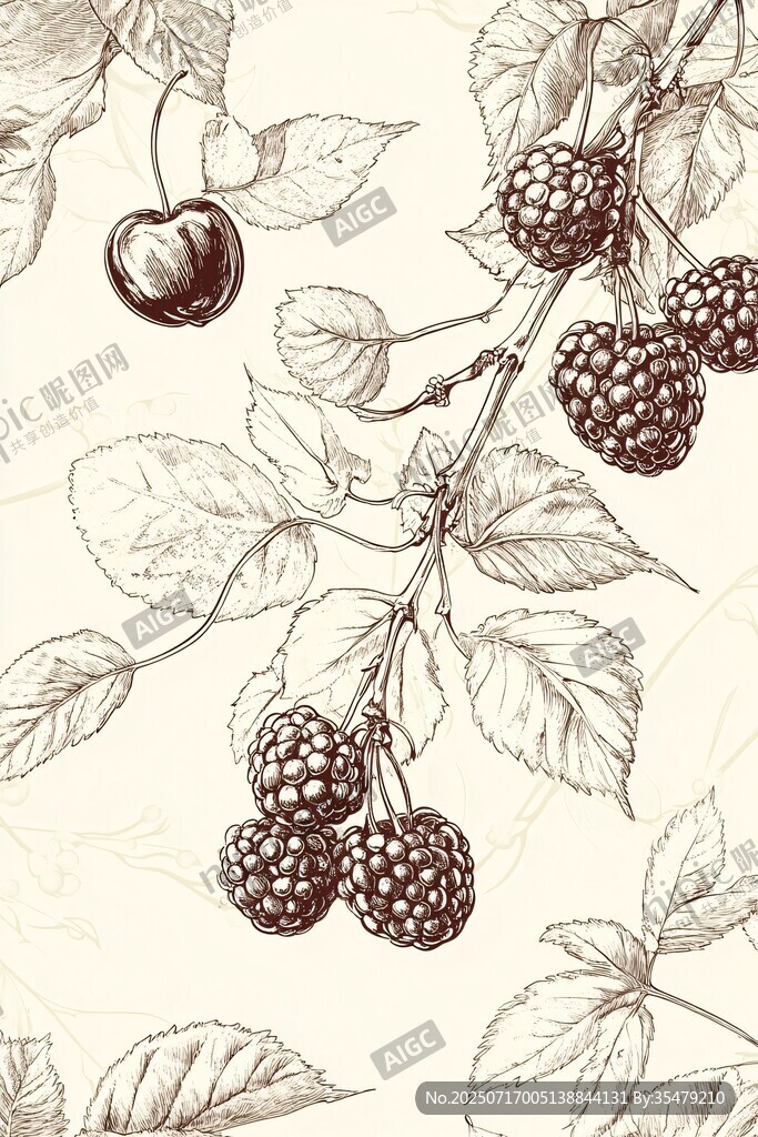 手绘黑莓与樱桃枝叶图