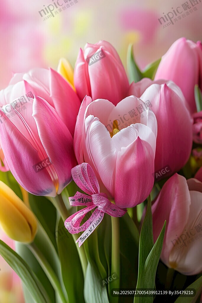 粉色郁金香花束的浪漫