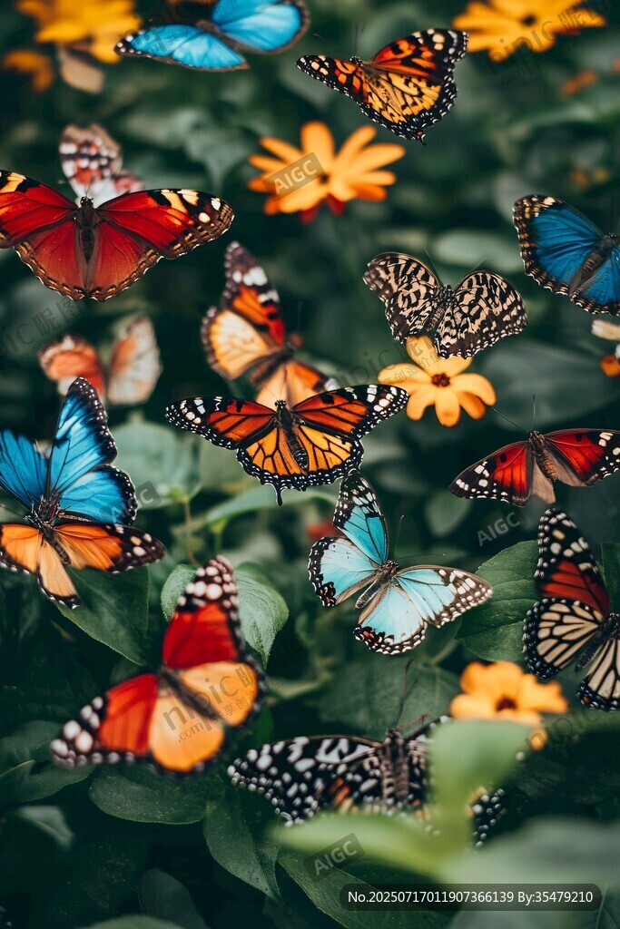 彩蝶纷飞于繁花绿叶间