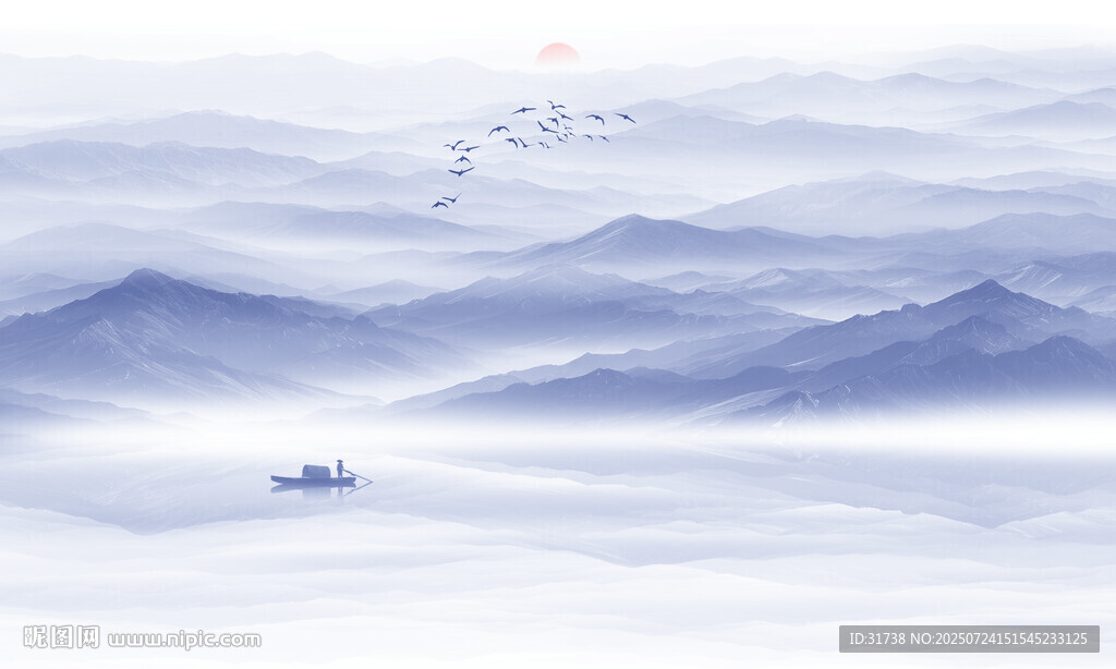 蓝色水墨山水画