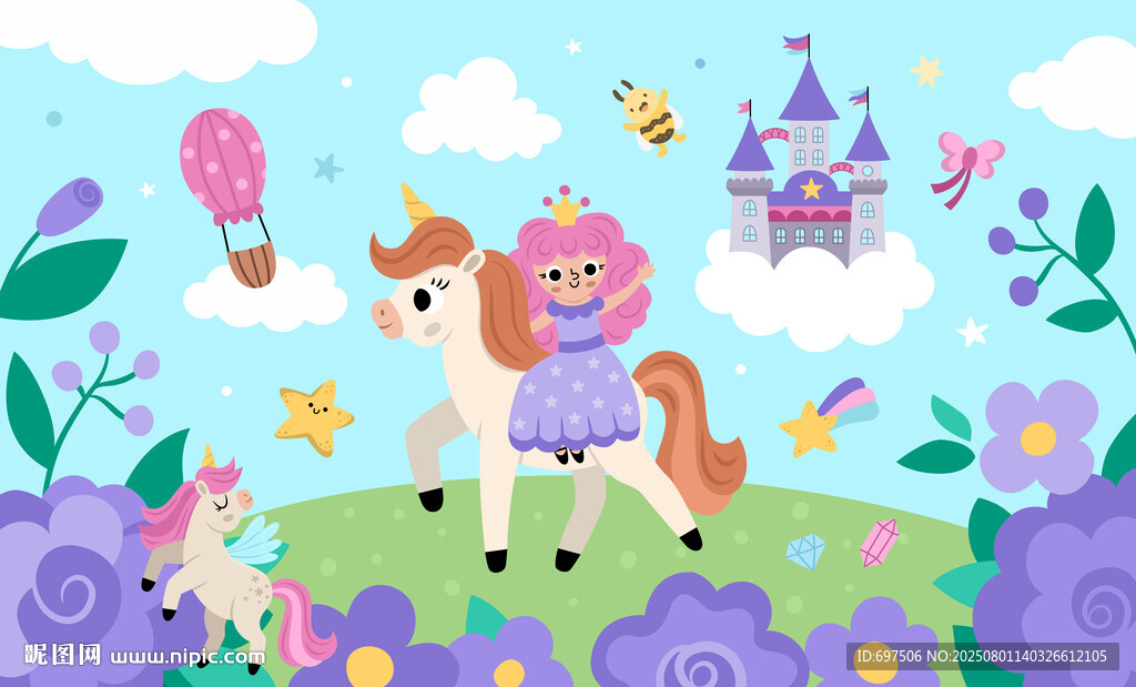 卡通城堡可爱独角兽花朵背景墙
