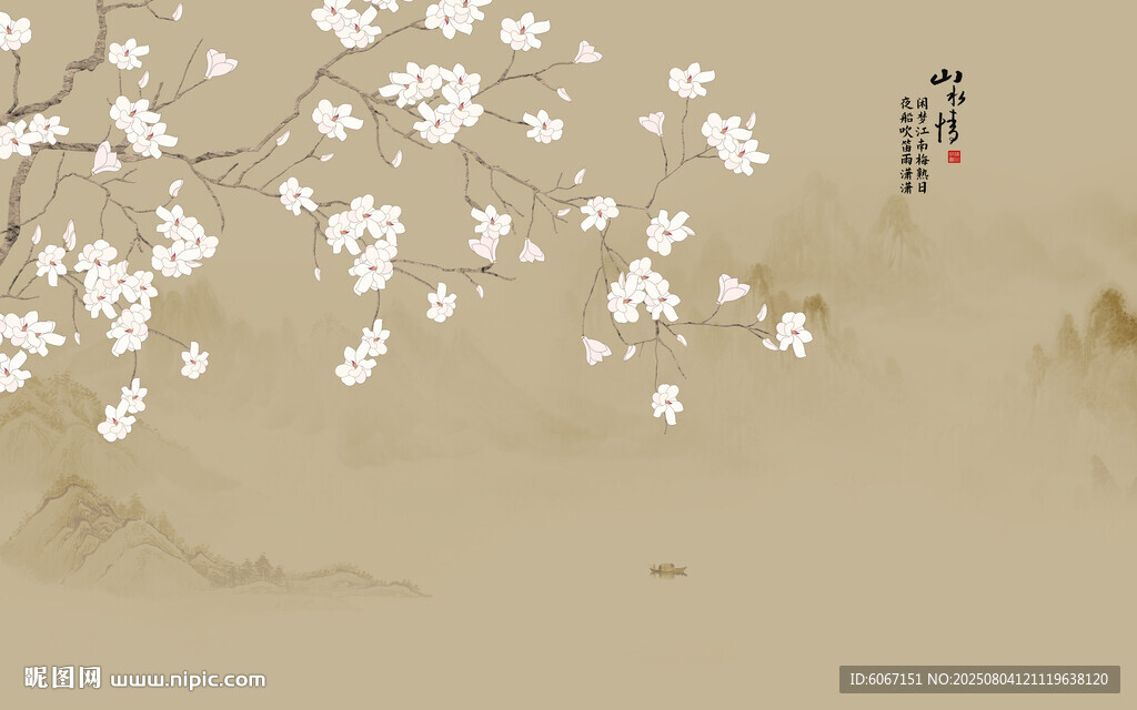 新中式工笔兰花花鸟画背景墙