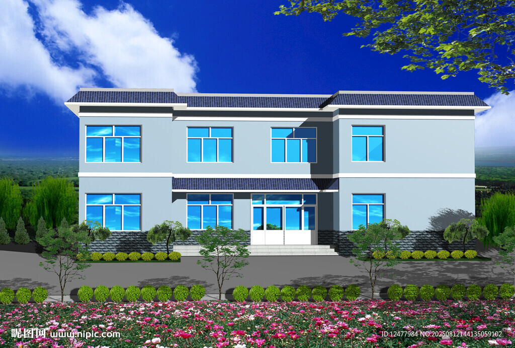 两层蓝窗白房旁繁花簇拥