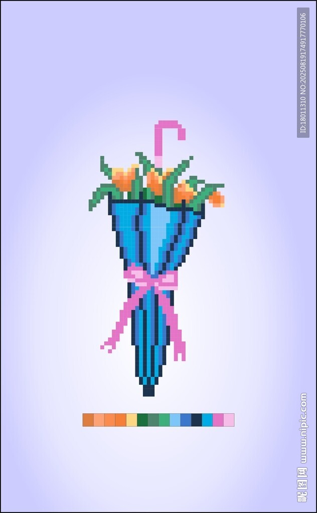 彩色花朵装饰蓝色雨伞像素十字绣