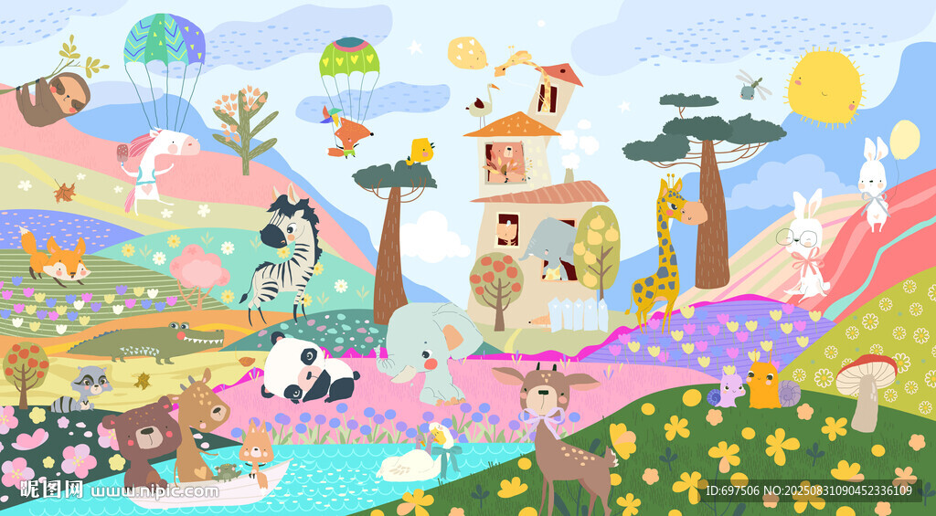 梦幻手绘动物卡通花丛儿童背景墙