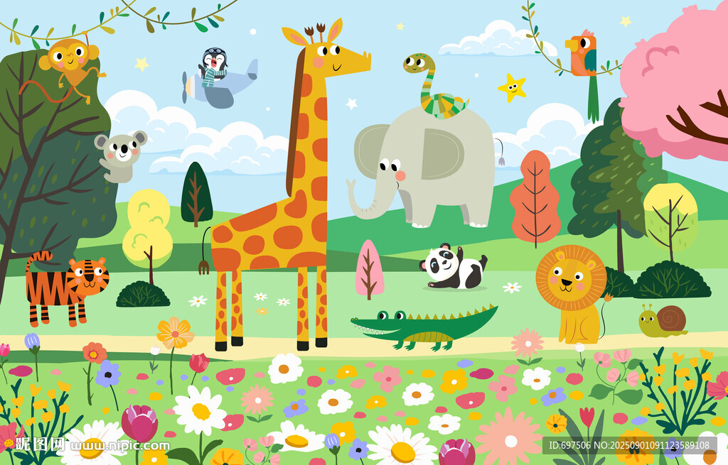 可爱动物乐园卡通花朵儿童背景墙