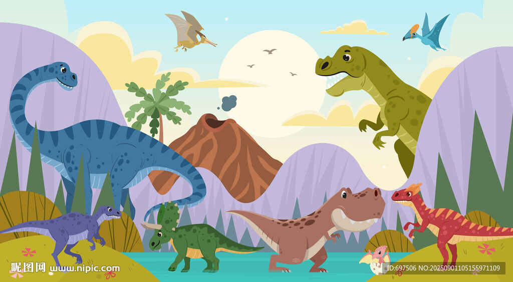 可爱恐龙世界卡通山谷火山背景墙