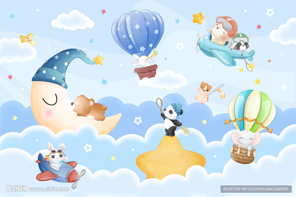 可爱卡通小动物月亮儿童房背景墙