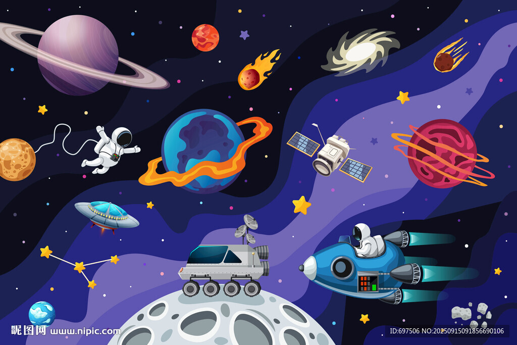 卡通星球宇航员外太空宇宙背景墙