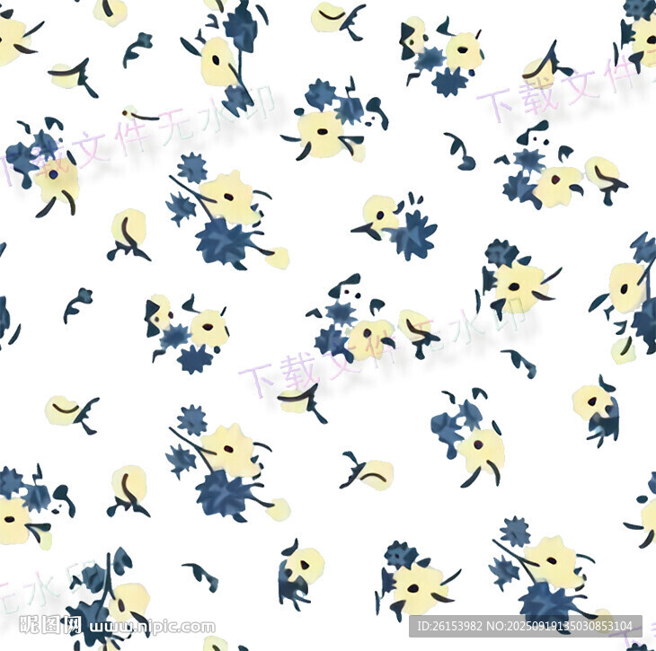 蓝黄小花图案布料纹理
