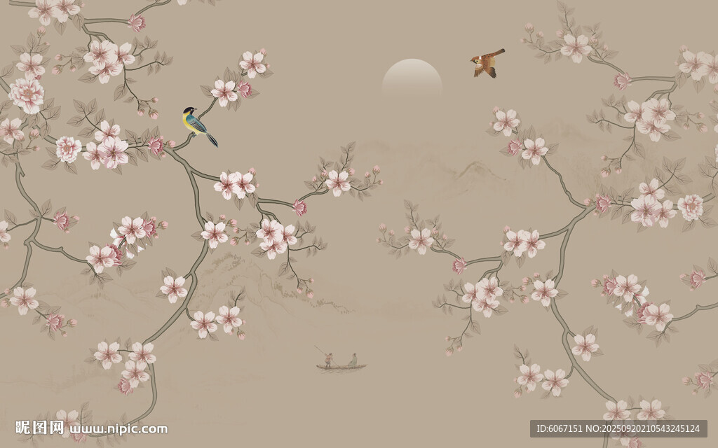 新中式工笔花鸟画电视背景墙壁纸