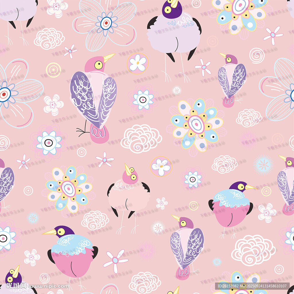 粉色背景可爱花鸟图案