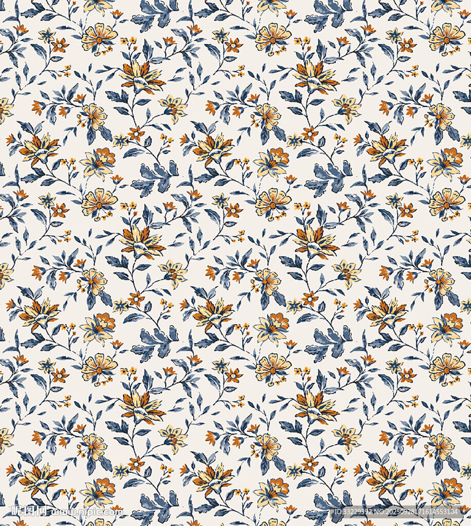 蓝橙花卉图案纹理背景