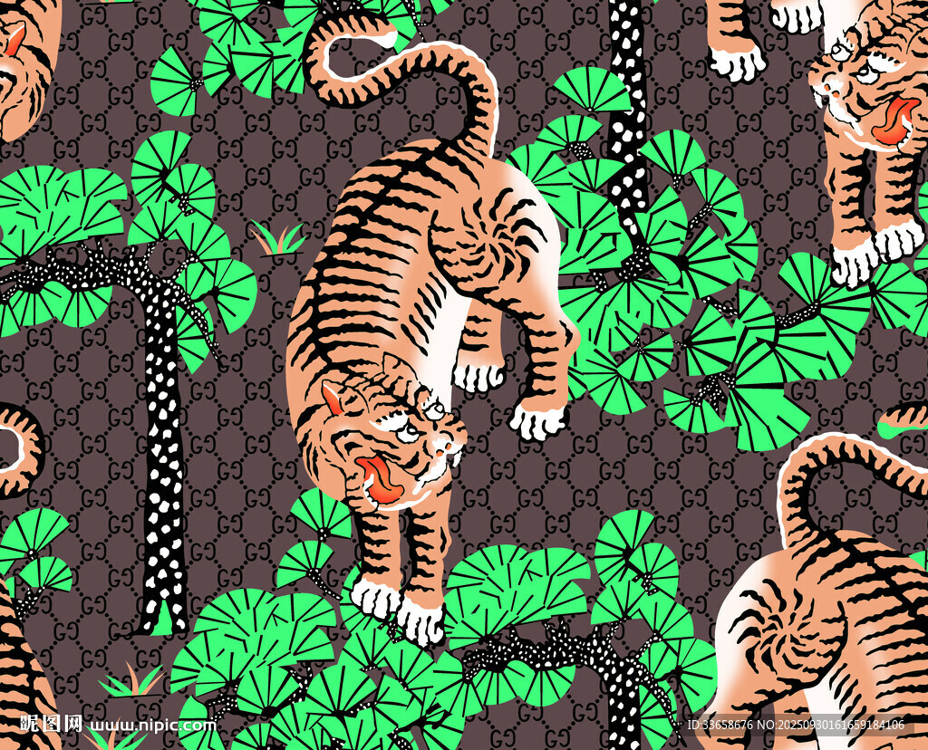 老虎与绿植图案印花设计