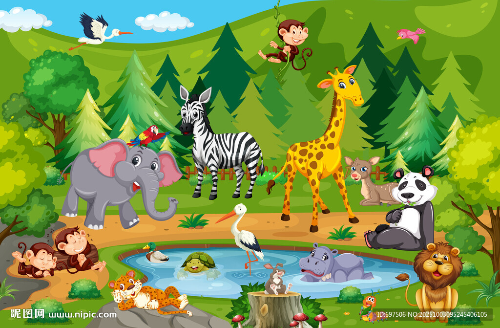 卡通森林可爱动物乐园儿童背景墙