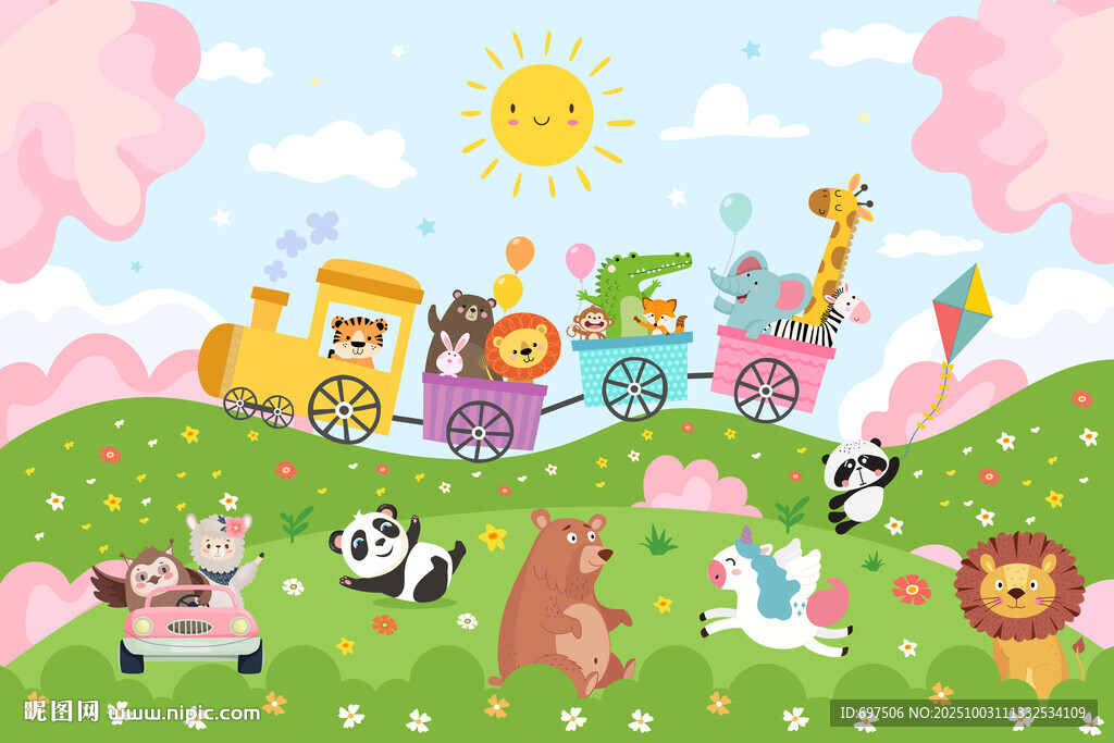 唯美花朵卡通可爱动物火车背景墙