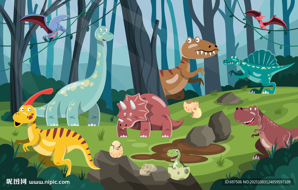 卡通恐龙世界手绘森林儿童背景墙