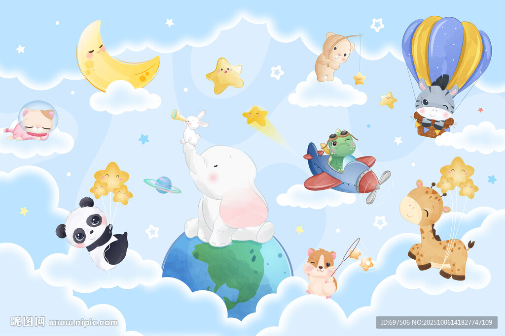可爱动物卡通云朵星空儿童背景墙
