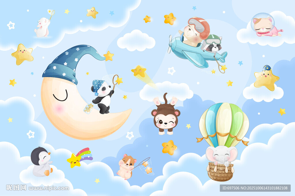可爱卡通小动物月亮儿童房背景墙