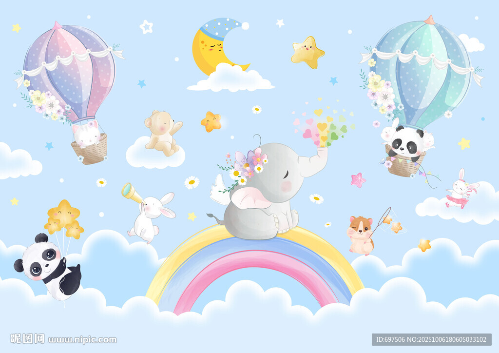 可爱动物卡通彩虹气球儿童背景墙